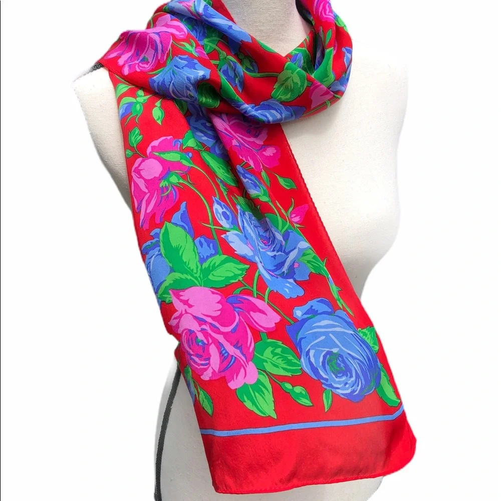 Vintage 100% Silk Red Floral Rose Scarf | ECHO